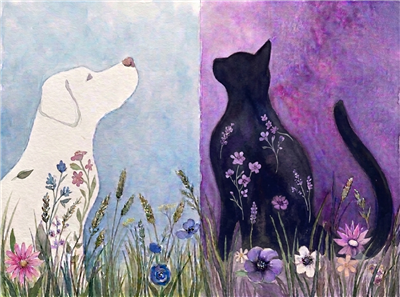 dog & cat with flowers 